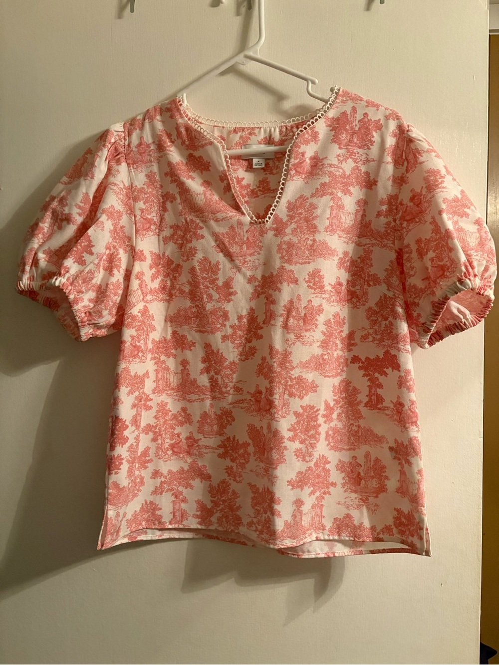 Adorable CeCe Pink Toile Blouse with Cottagecore Puff Sleeves